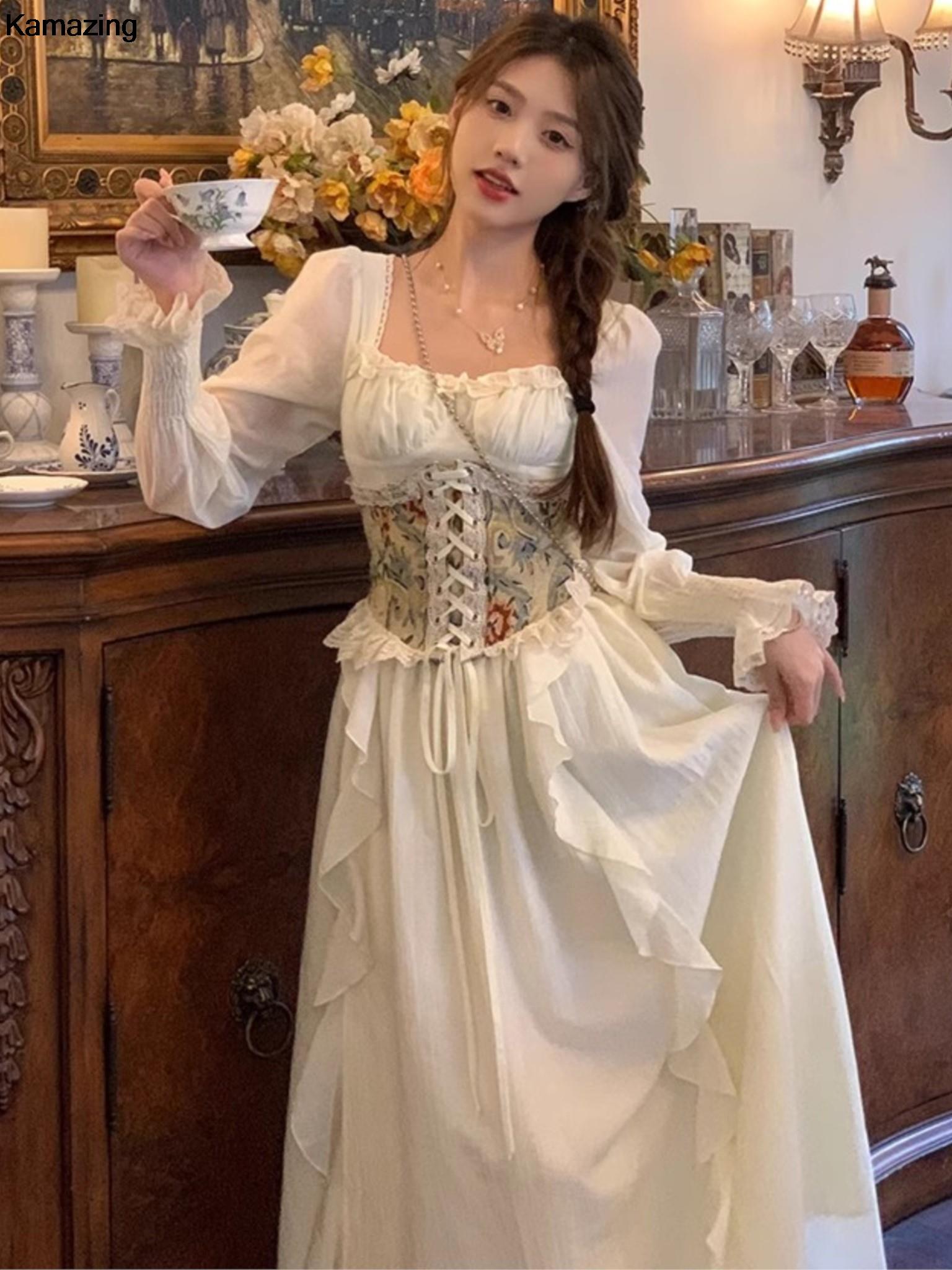 French Vintage Floral Midi Dress - Gaun Midi korset Perancis antik pakaian