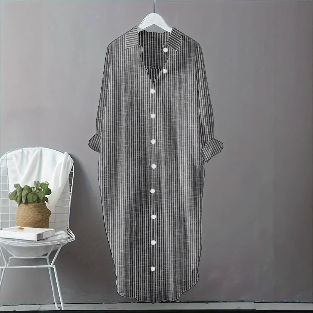 Casual Loose Linen Shirt Dress - Gaun Kemeja Bergaris Katun Linen Vintage