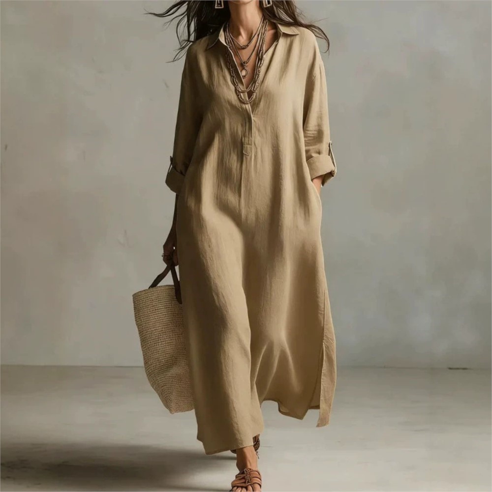 Casual Loose Linen Shirt Dress - Gaun kemeja linen vintage wanita, kerah