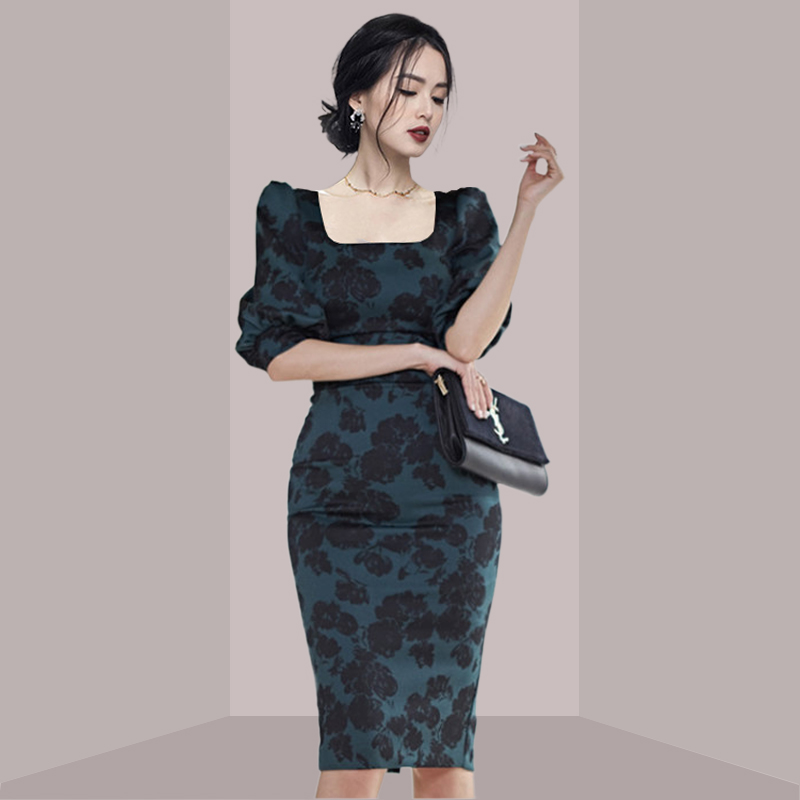 French Vintage Floral Midi Dress - Gaun Midi Slim Fit Bermotif Bunga