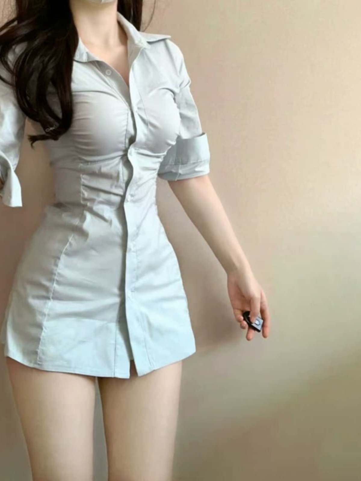 Korean Style A Line Shirt Dress - Gaun kemeja berlipit yang seksi, model