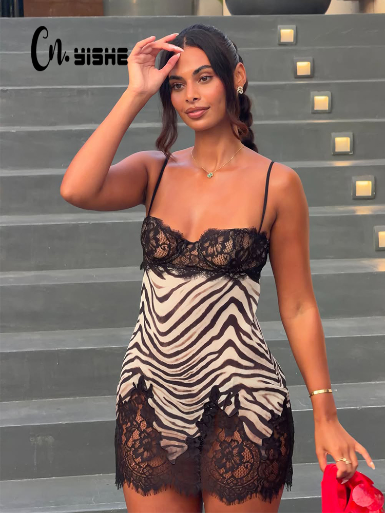 Sexy Mesh Sheer Bodycon Dress - CNYISHE Gaun Wanita Motif Zebra dengan