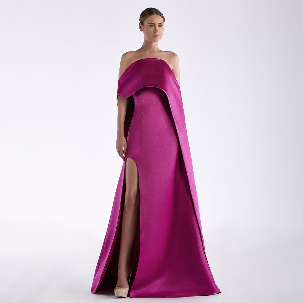 Elegant Satin Evening Gown Split - Gaun malam Satin Fuchsia gaun malam