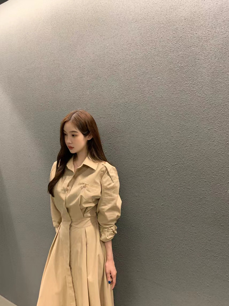Korean Style A Line Shirt Dress - Gaun Kemeja Lengan Panjang Elegan Wanita