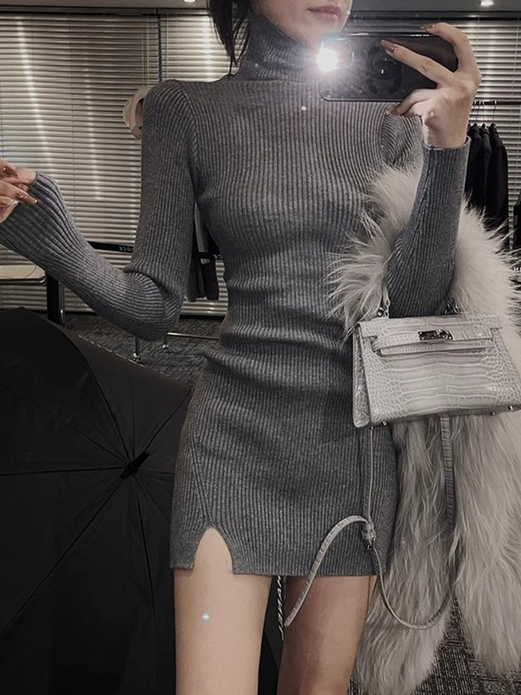 Gaun Mini Bodycon Wanita Rajut - Bodycon Long Sleeve Ribbed Dress ulasan dan harga