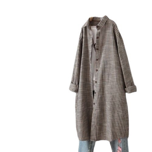 Gaun Kemeja Bergaris Katun Lin - Casual Loose Linen Shirt Dress ulasan dan harga