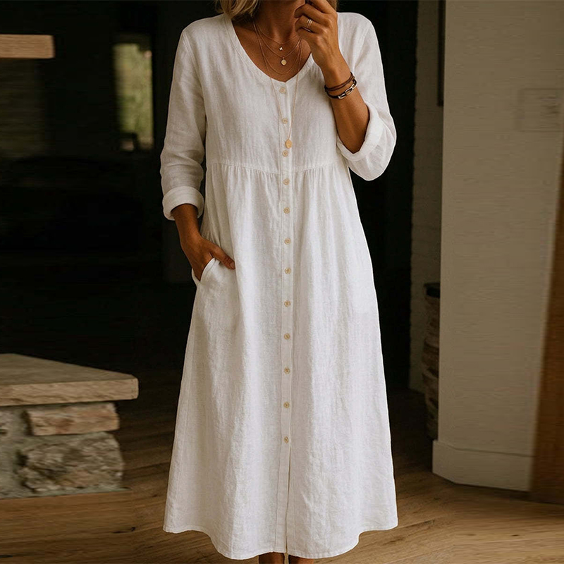 Gaun Midi Kasual Musim Semi Mu - Casual Loose Linen Shirt Dress ulasan dan harga