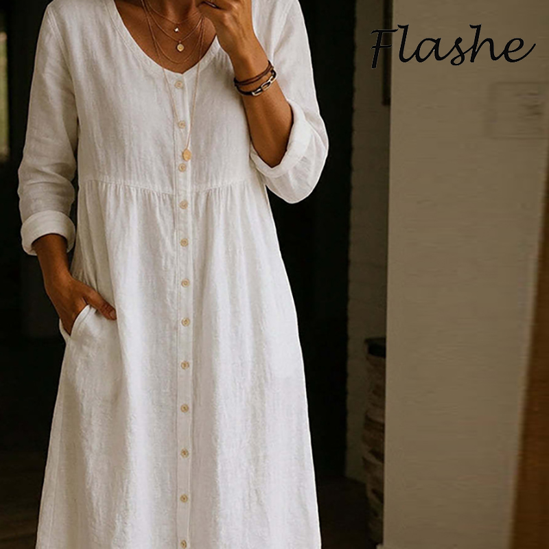 Gaun Midi Kasual Musim Semi Mu - Casual Loose Linen Shirt Dress ulasan dan harga