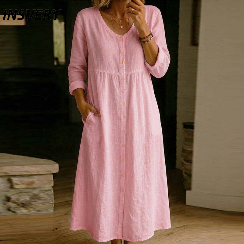 Gaun Midi Kasual Musim Semi Mu - Casual Loose Linen Shirt Dress ulasan dan harga