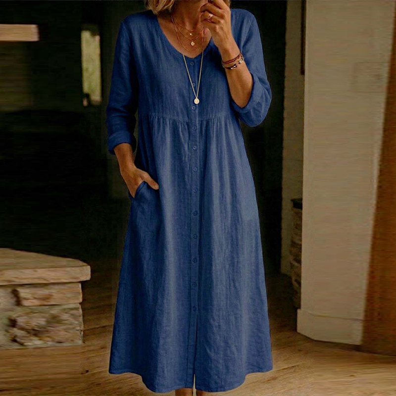 Gaun Midi Kasual Musim Semi Mu - Casual Loose Linen Shirt Dress ulasan dan harga