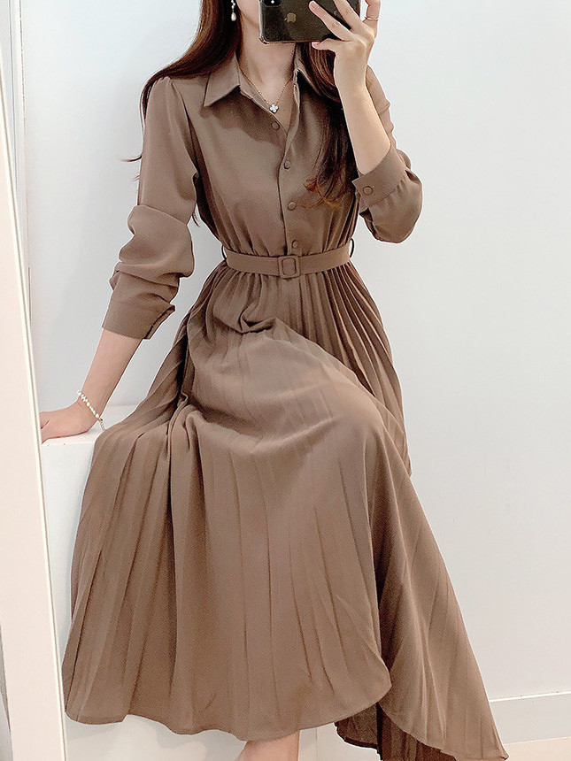 Gaun Kemeja Panjang Lipit Retr - Korean Style A Line Shirt Dress ulasan dan harga