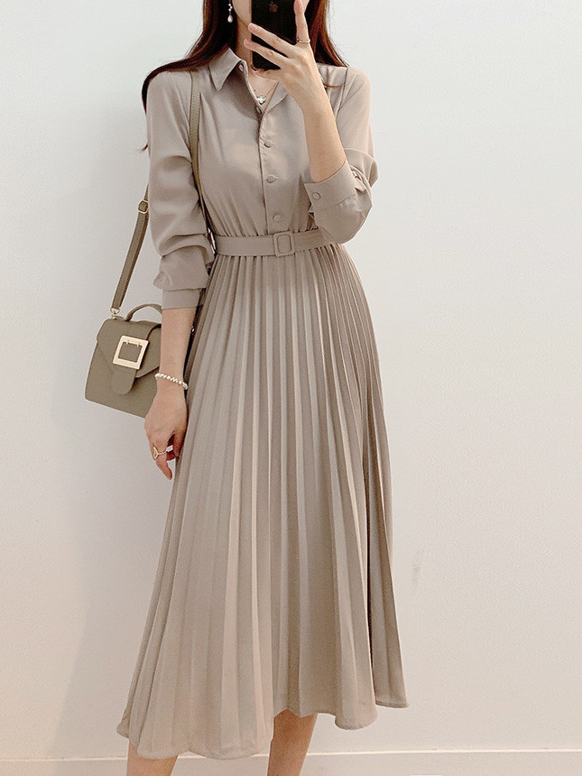 Gaun Kemeja Panjang Lipit Retr - Korean Style A Line Shirt Dress ulasan dan harga