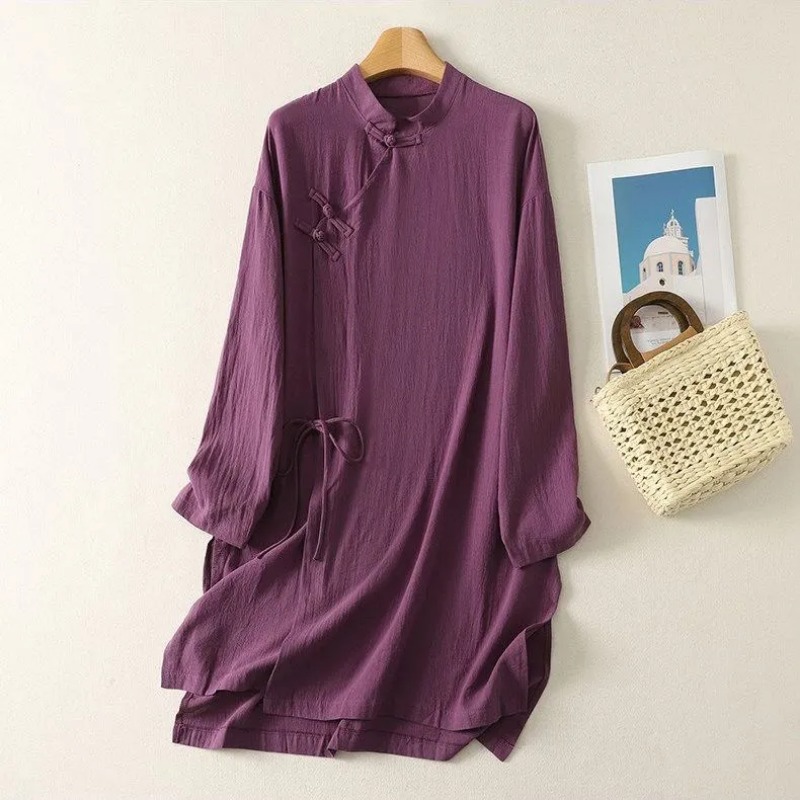 Gaun Tunik Linen Kancing Katak - Casual Loose Linen Shirt Dress ulasan dan harga