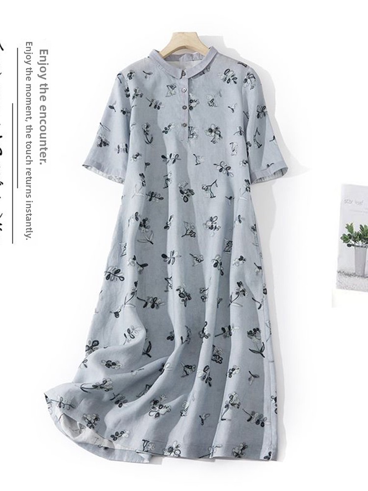 Gaun Kemeja Katun Linen Longga - Casual Loose Linen Shirt Dress ulasan dan harga