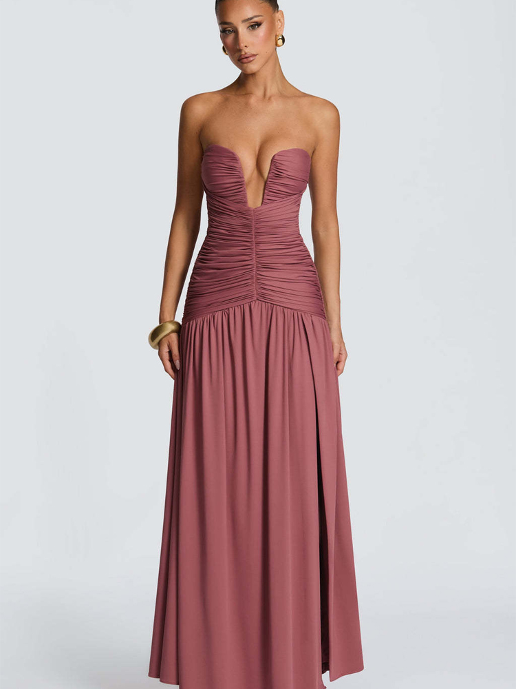 Gaun Panjang Elegan Berlipit S - Elegant Satin Evening Gown Split ulasan dan harga