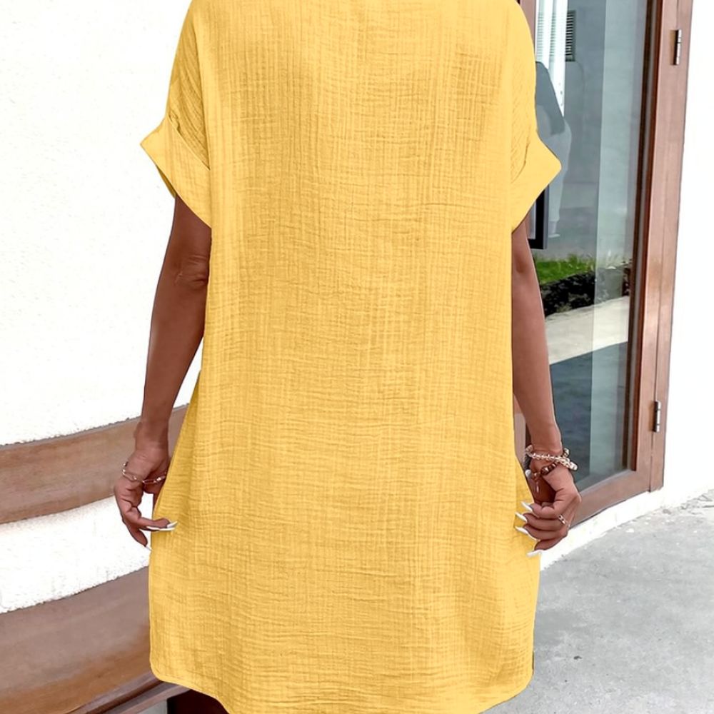 Gaun kemeja wanita dengan poto - Casual Loose Linen Shirt Dress ulasan dan harga