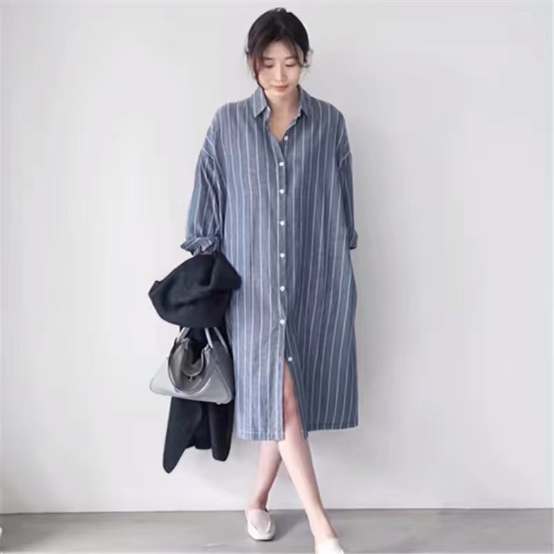 Gaun Kemeja Bergaris Biru Wani - Korean Style A Line Shirt Dress ulasan dan harga