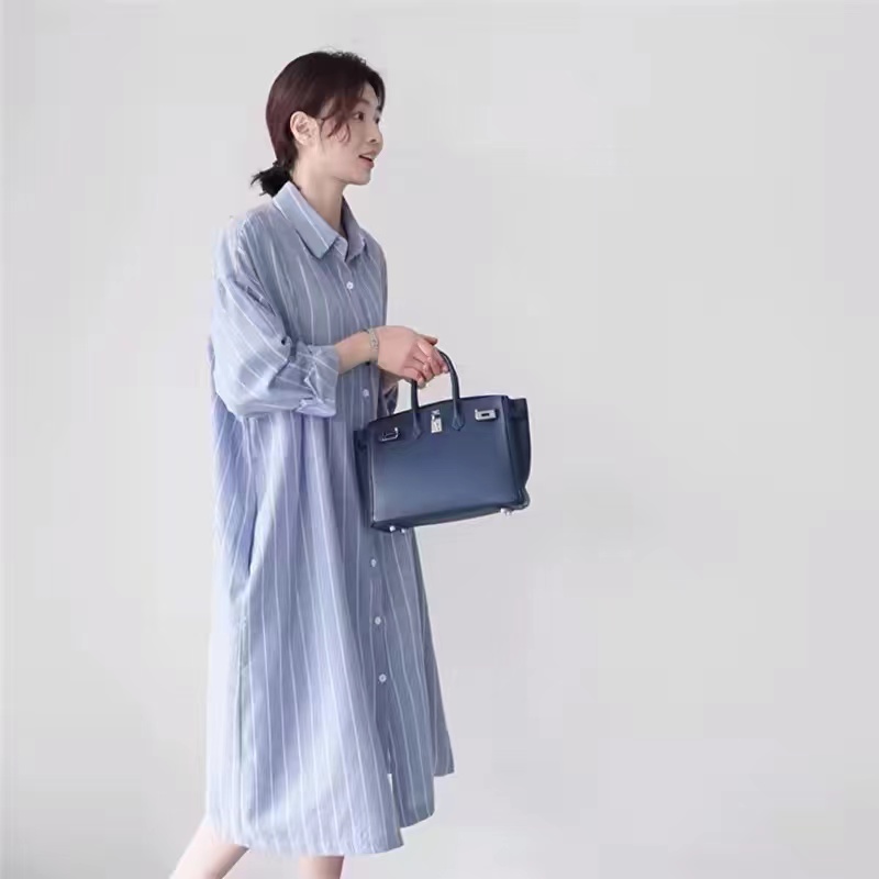 Gaun Kemeja Bergaris Biru Wani - Korean Style A Line Shirt Dress ulasan dan harga