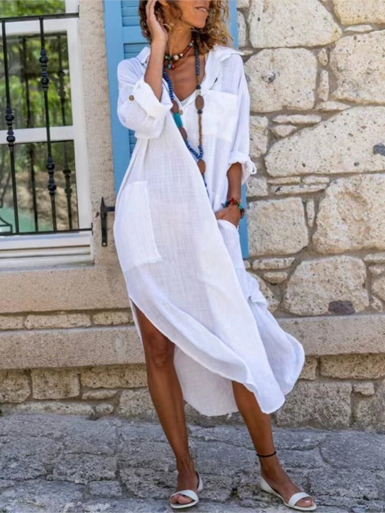 Gaun panjang wanita, Dress kem - Casual Loose Linen Shirt Dress ulasan dan harga